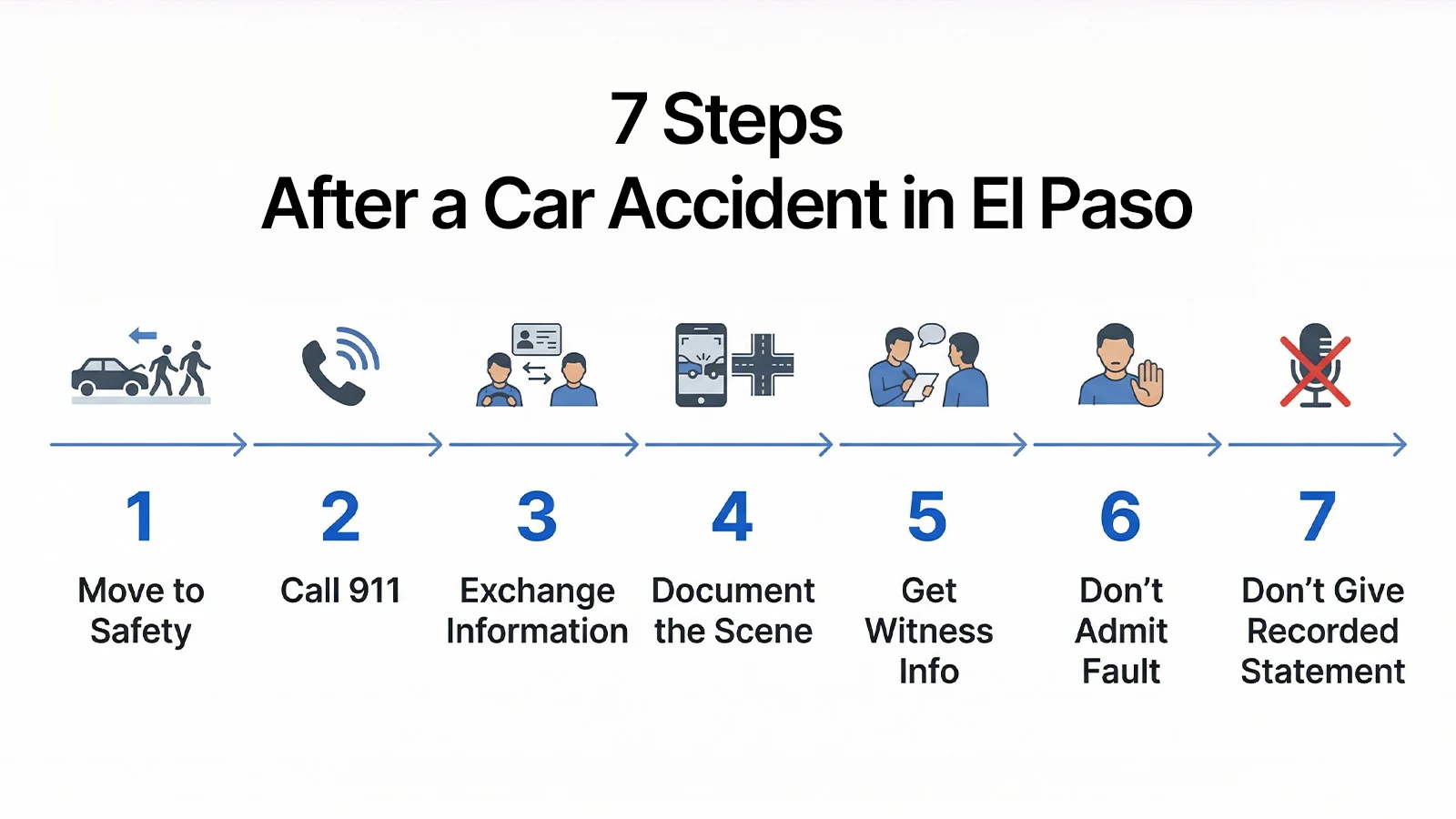 Seven-step checklist showing what to do after a car accident in El Paso from scene safety through declining a recorded statement