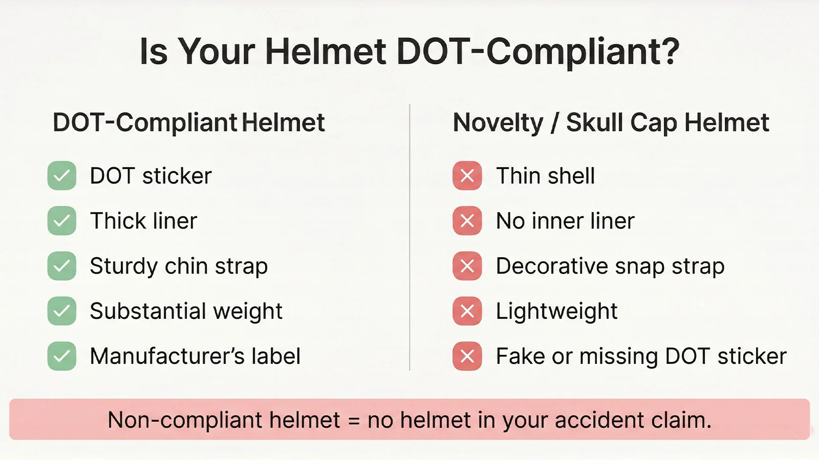 DOT-compliant motorcycle helmet vs novelty helmet comparison checklist showing FMVSS 218 requirements for Texas riders