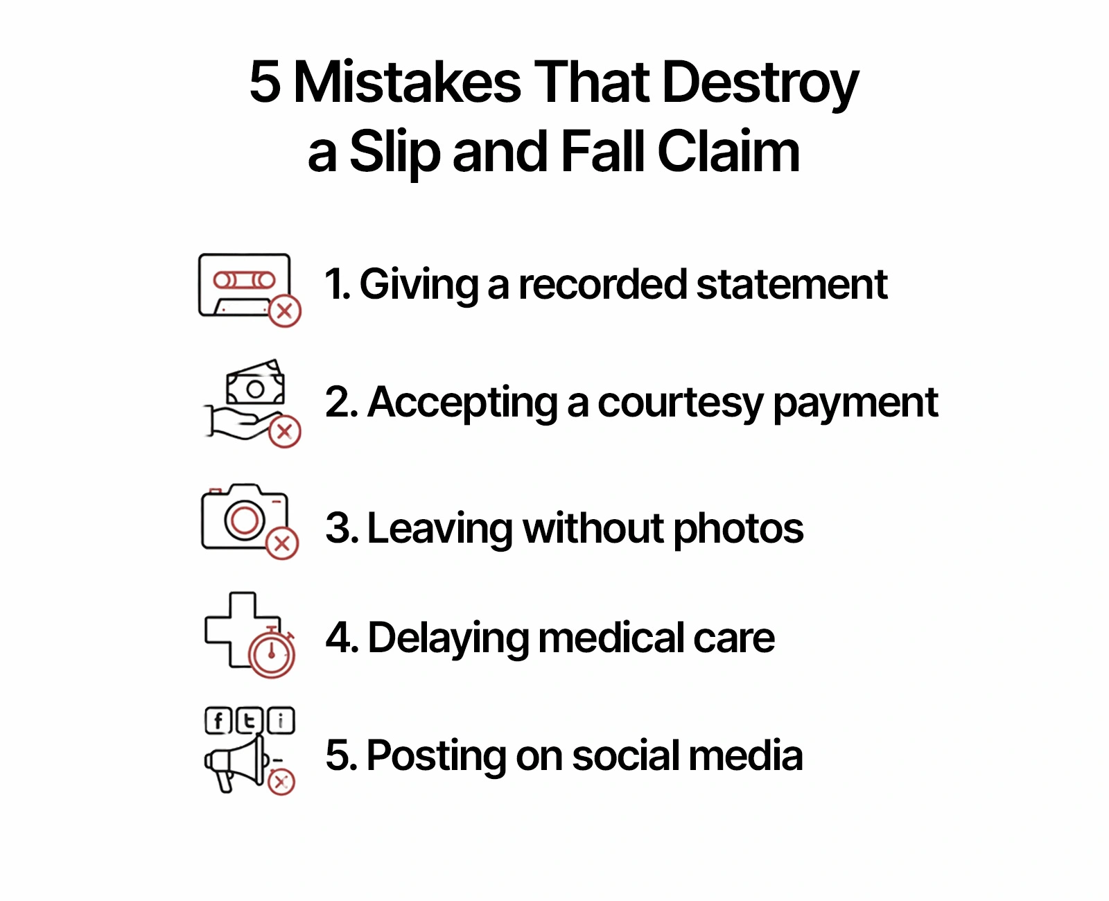 Five mistakes that destroy a slip and fall claim: giving a recorded statement, accepting a courtesy payment, leaving without photos, delaying medical care, posting on social media