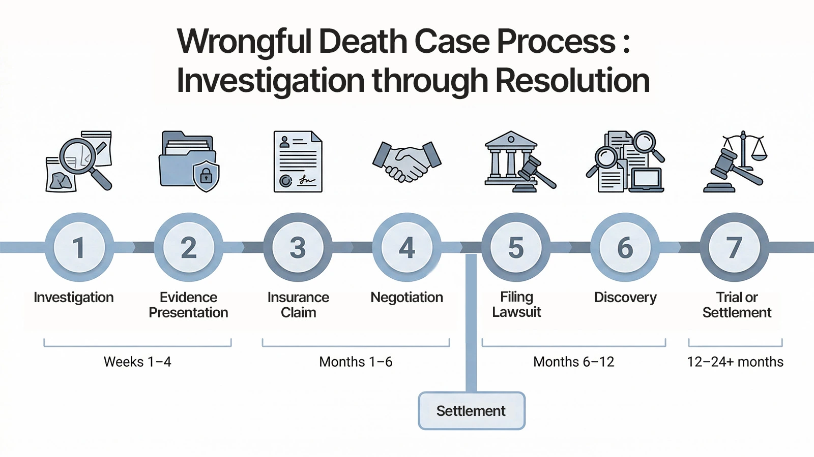 Infographic showing the seven steps of a wrongful death case in El Paso from investigation through trial or settlement
