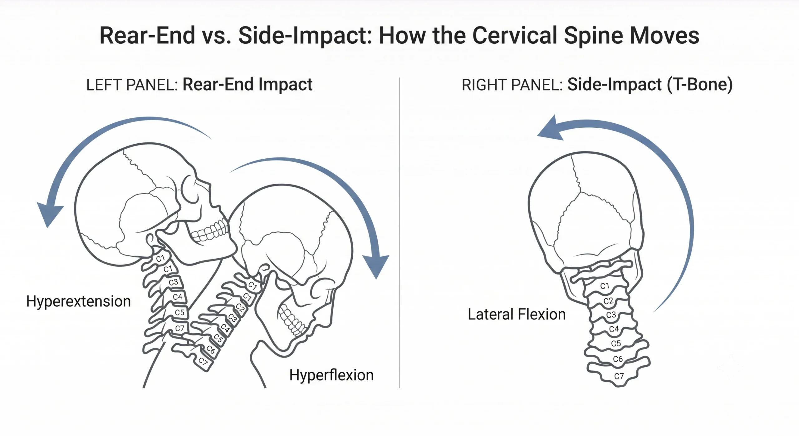 Diagram of cervical spine hyperextension and hyperflexion in rear-end whiplash versus lateral flexion in side-impact T-bone whiplash