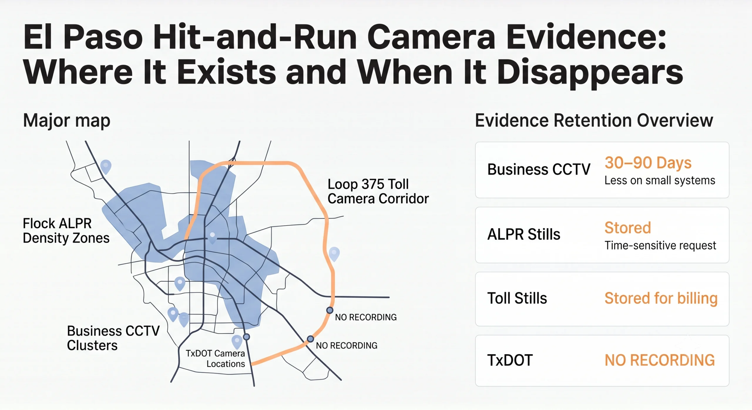 Map of El Paso showing Flock Safety ALPR camera zones, Loop 375 toll cameras, business CCTV locations, and TxDOT cameras that do not record, with evidence retention windows for hit-and-run investigations