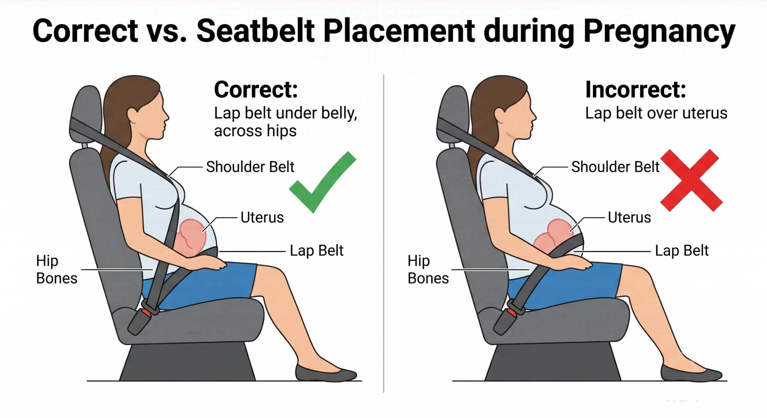 Diagram showing correct seatbelt placement during pregnancy with lap belt under the belly across hip bones and shoulder belt between breasts versus incorrect placement with lap belt over the uterus
