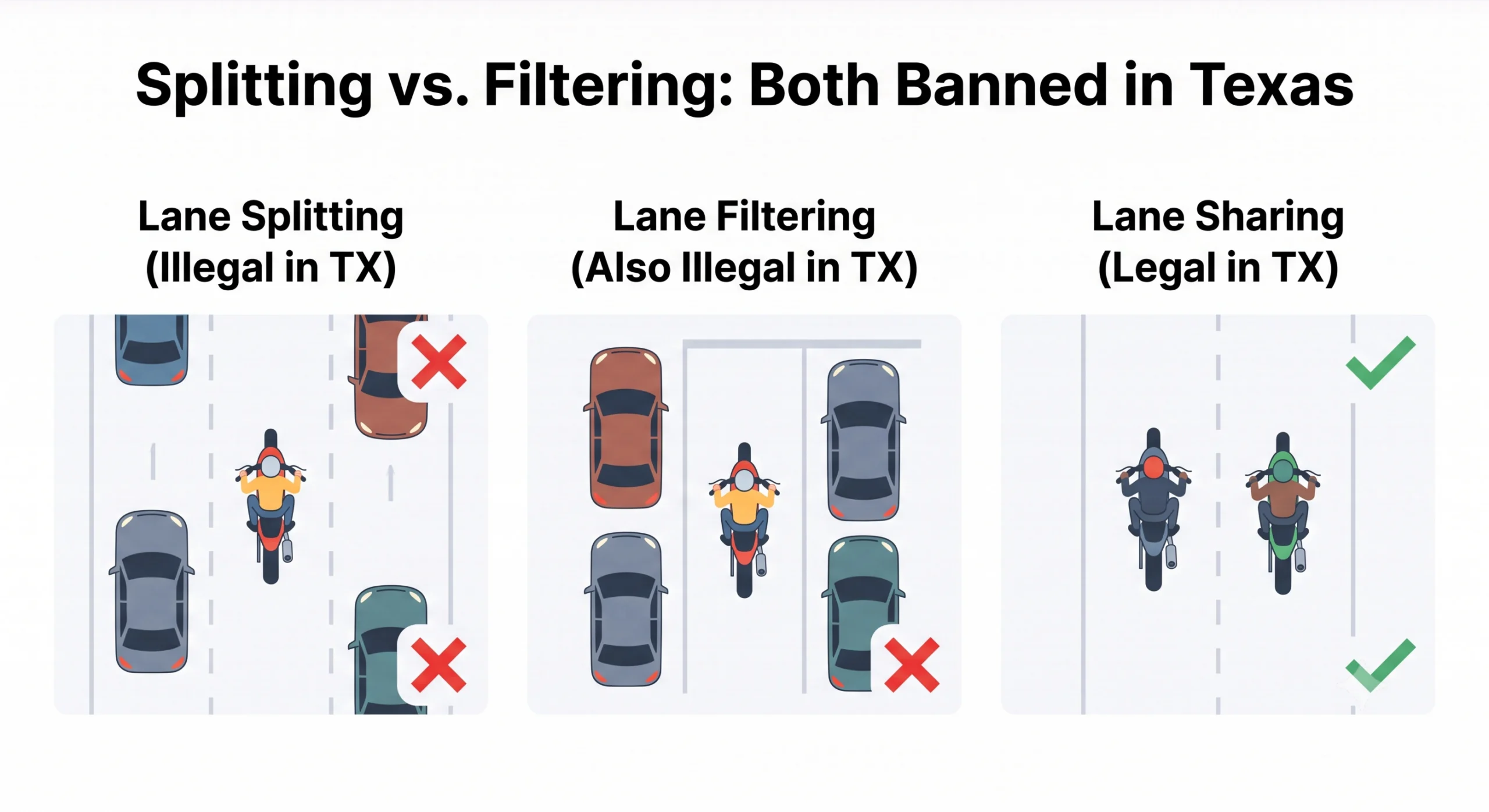 Comparison of lane splitting and lane filtering in Texas showing both practices are illegal under §545.0605 while lane sharing is permitted