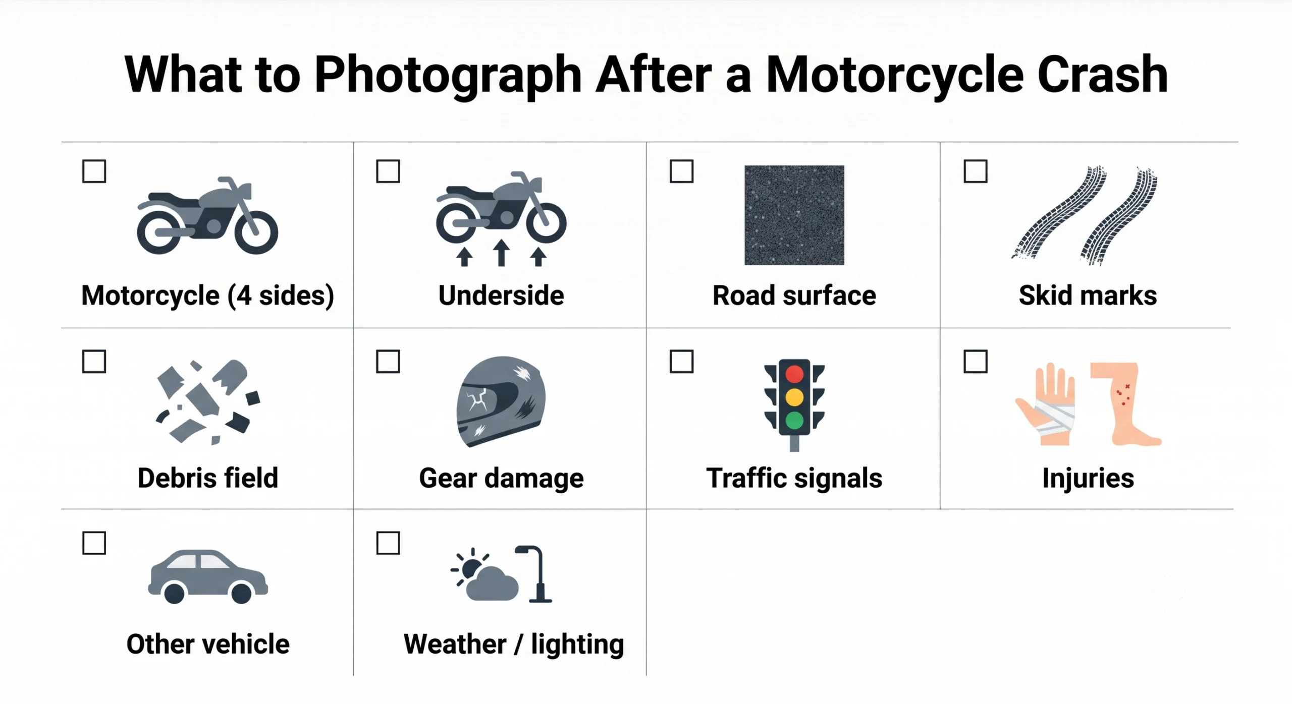 Motorcycle accident photo documentation checklist with 10 categories of evidence to capture at the scene in El Paso