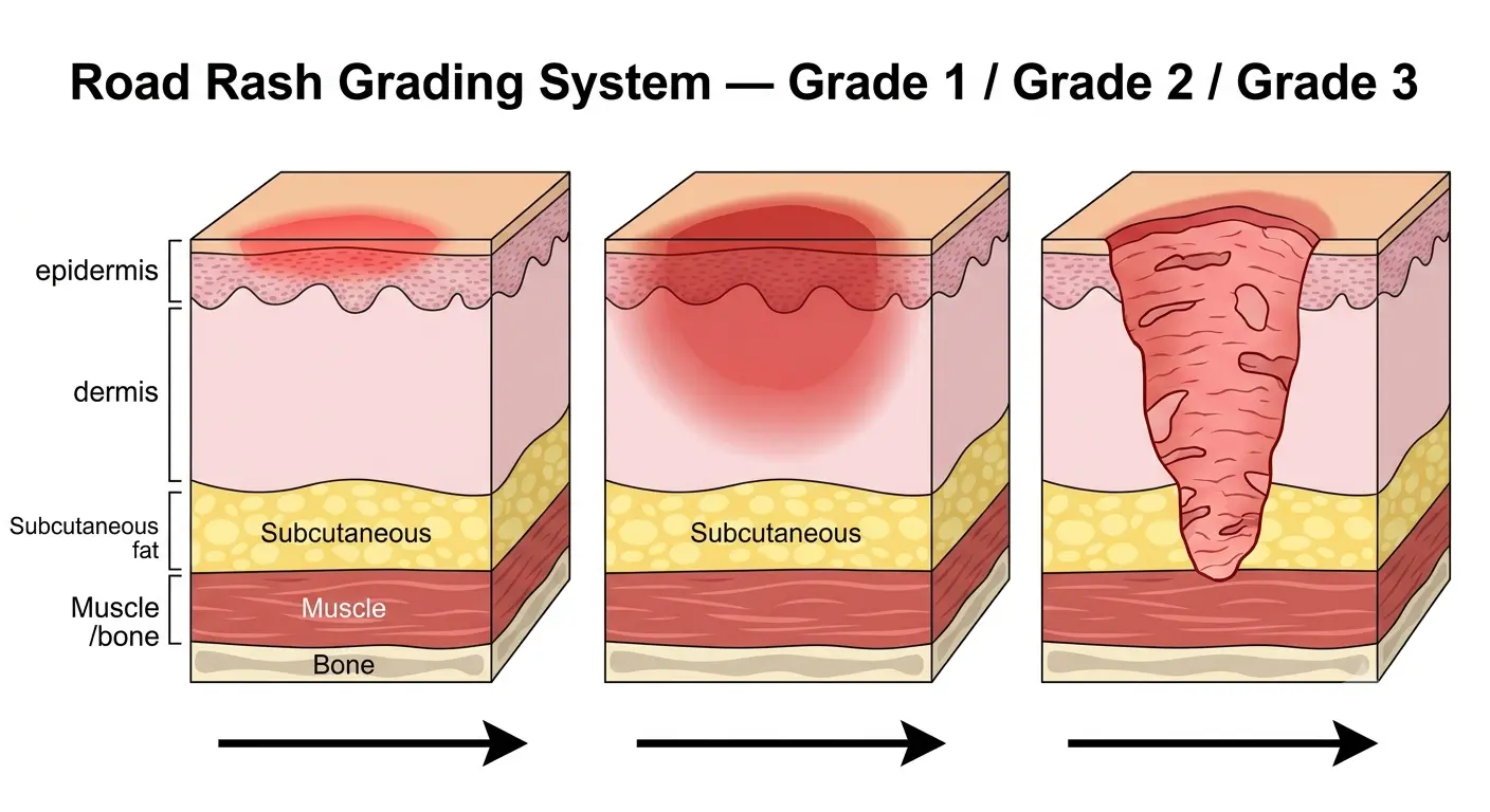Road rash grading system diagram showing Grade 1 superficial abrasion, Grade 2 partial-thickness skin loss, and Grade 3 full-thickness skin loss requiring skin grafts